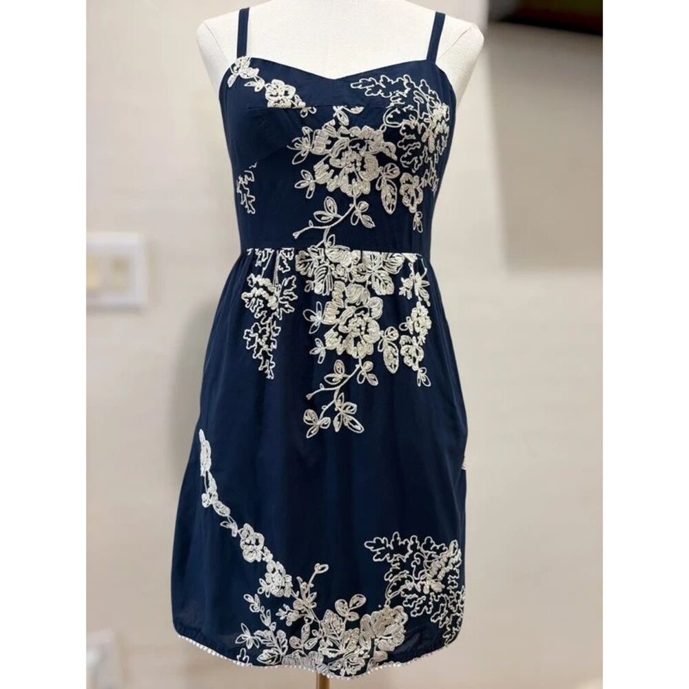 J.Crew Mirabel Navy Ivory Embroidered Floral Mini Dress Size 6 Pom Pom